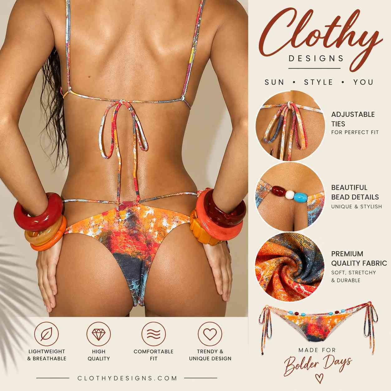 Women's 3-Piece Bikini Beachwear Set – Lace-Up Bikini, Embellished Skirt & Summer Co-Ord Outfit